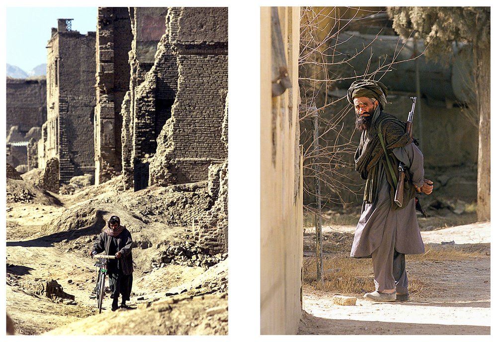 People and damaged buildings