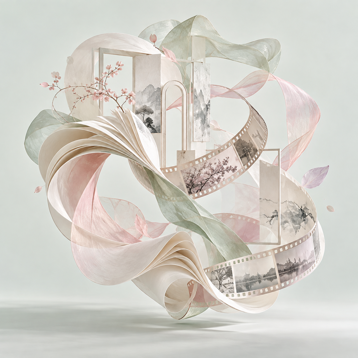 Creative DNA — interwoven book pages, film and translucent ribbons